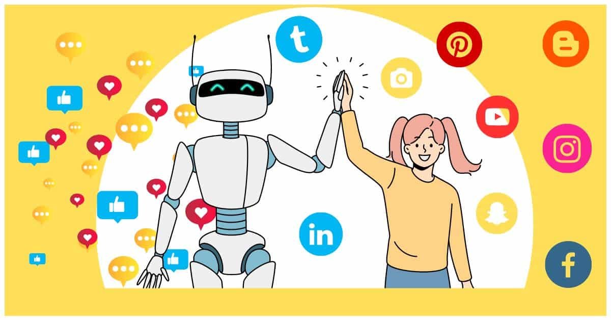 Illustration of a brain-shaped computer chip with a magnifying glass and marketing icons AI Hacks